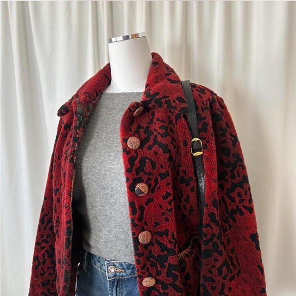 Vintage Coldwater Creek grandma chic fleece Jacket Red black Petite small. - Picture 3 of 8